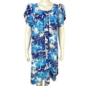Vintage Y Not Hawaii Muumuu Dress Womens Medium Hawaiian Blue Floral Knee Aloha